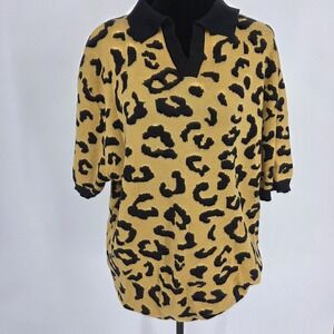 OXKnit Mens 70s Retro Leopard Print Polo Sweater 3XL Gold Black NWT